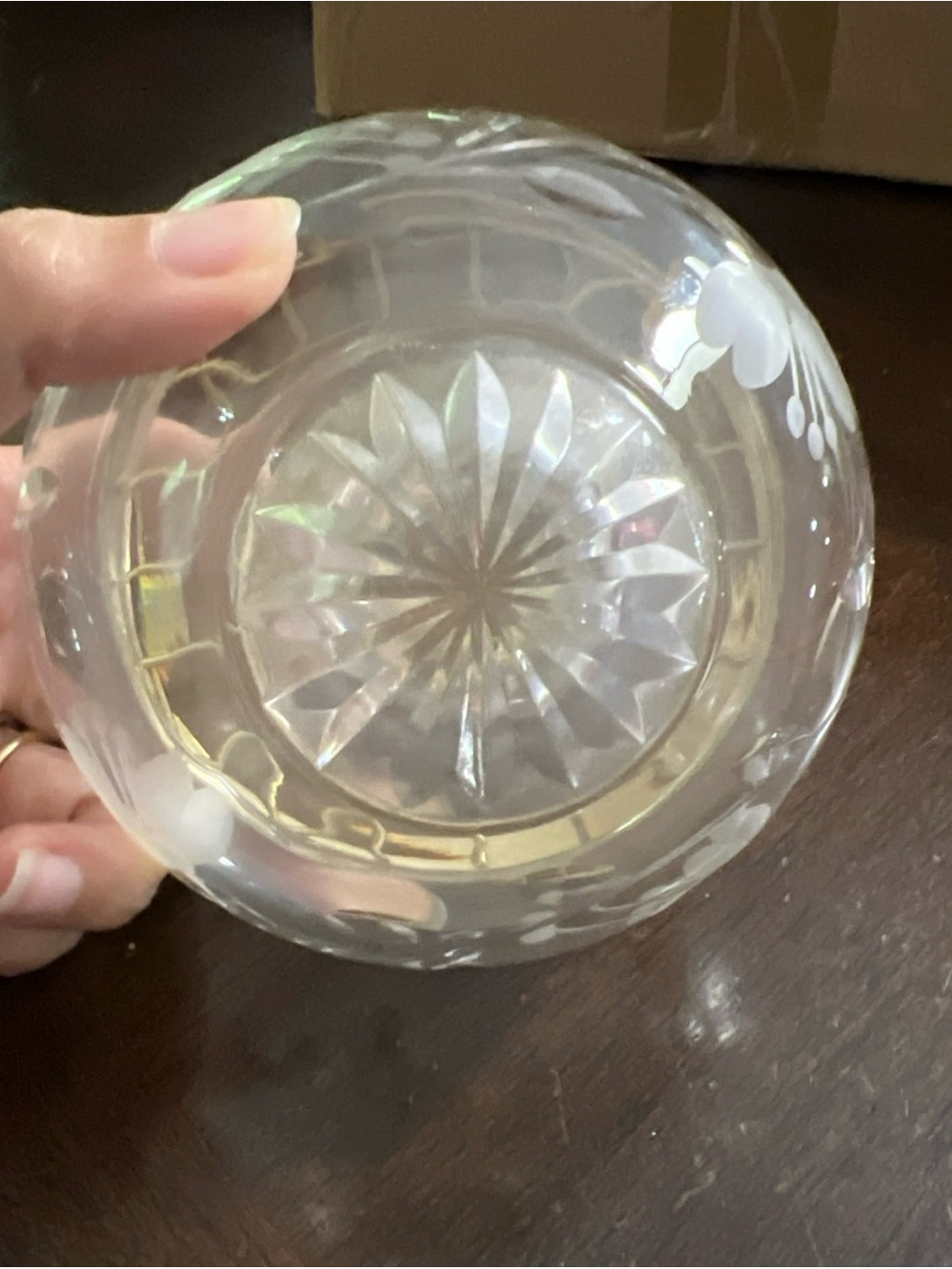 Cut Crystal Flower Frog Vase with Brass Lattice Top - Picture 4 of 9